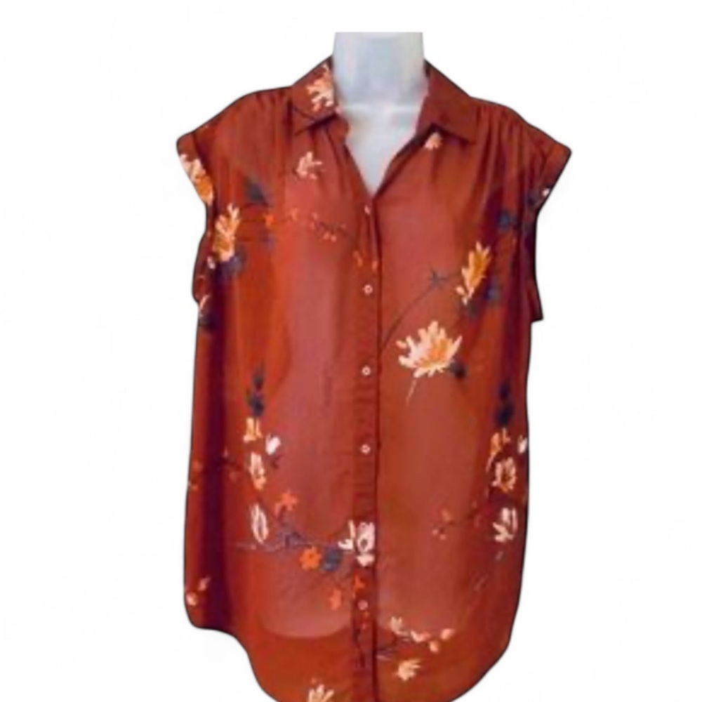 🌙 AVA & VIV Floral Print Sheer Sleeveless Button Blouse - Picture 2 of 5